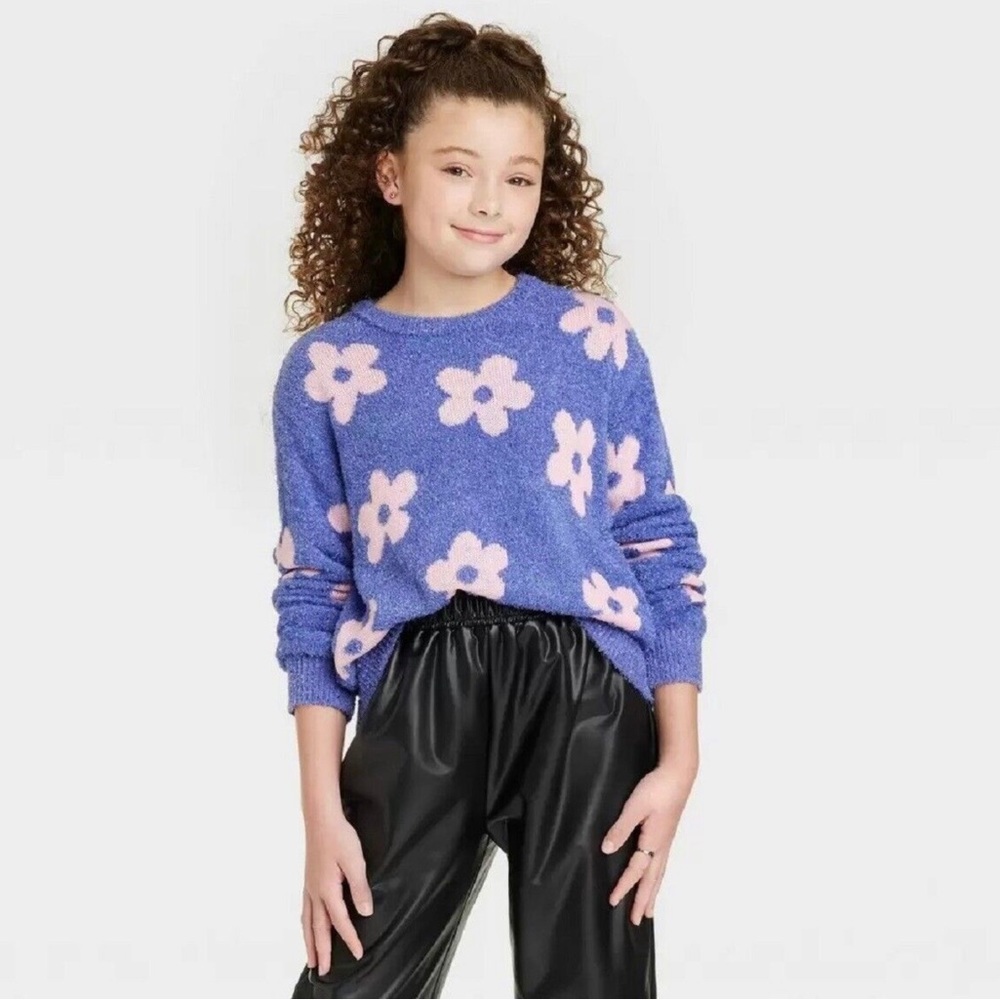 Sweater Storm Blue Woodrose Daisy Long Sleeve Fuzzy Art Class